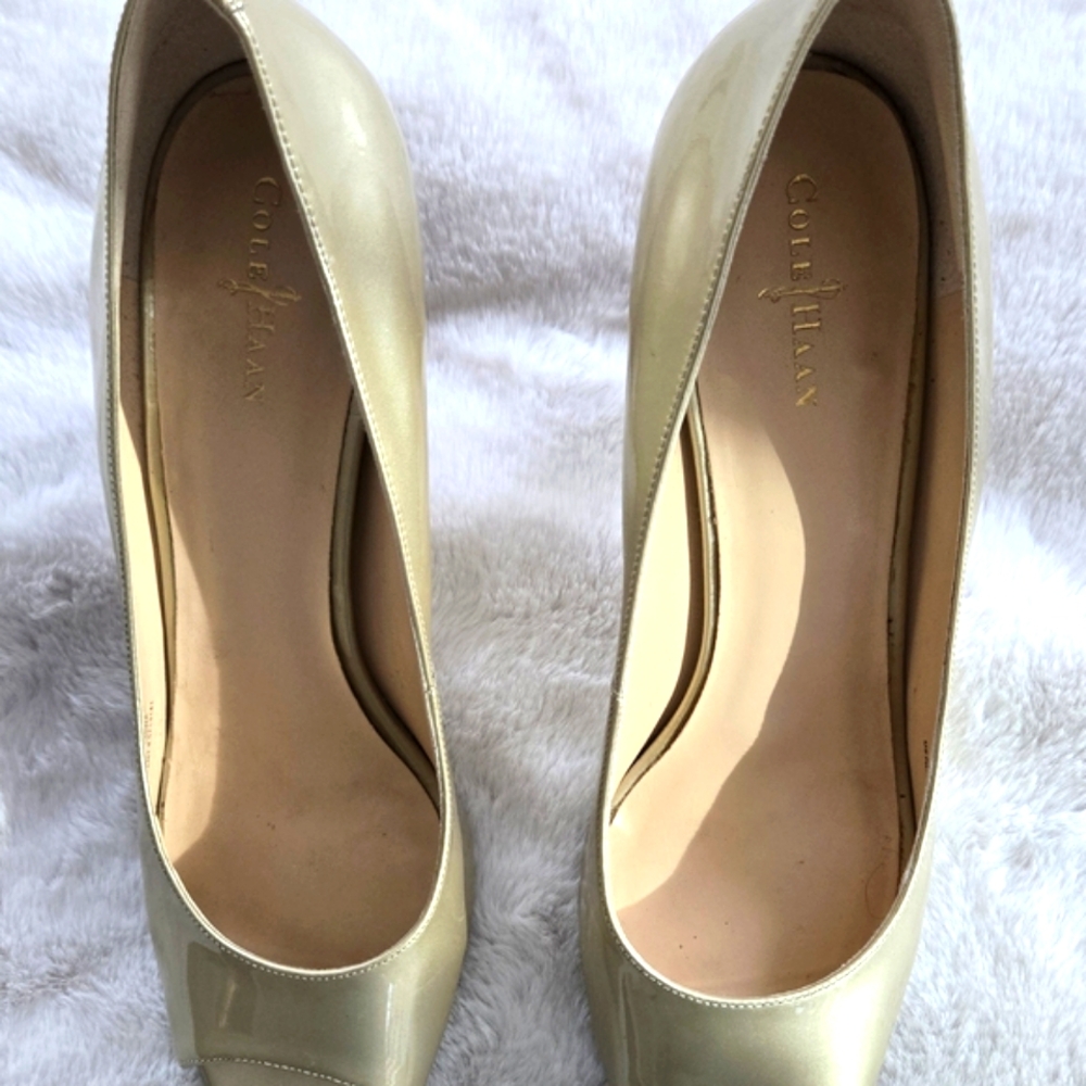 Cole Haan Gold Heels with Open Toe and Satin Finish